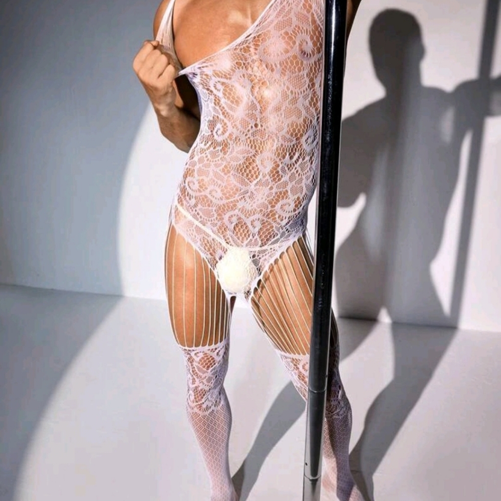 Men's lace stockings sissy gay white lace. One size fits most.